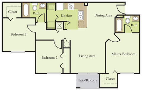 Floor plan for 3 beds, 2 baths, 1132 sqft